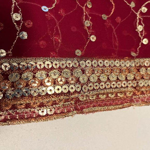 Bollywood Sheer Maroon Embroidered Sequin Scarf 34” X 76” From India - Picture 9 of 10